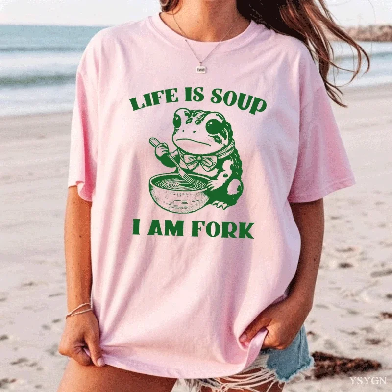 Plus Size Life Is Soup I Am Fork T-shirts for Men Women Funny Frog Relatable Life T Shirt Soft Summer Short Sleeve Tees Clothes