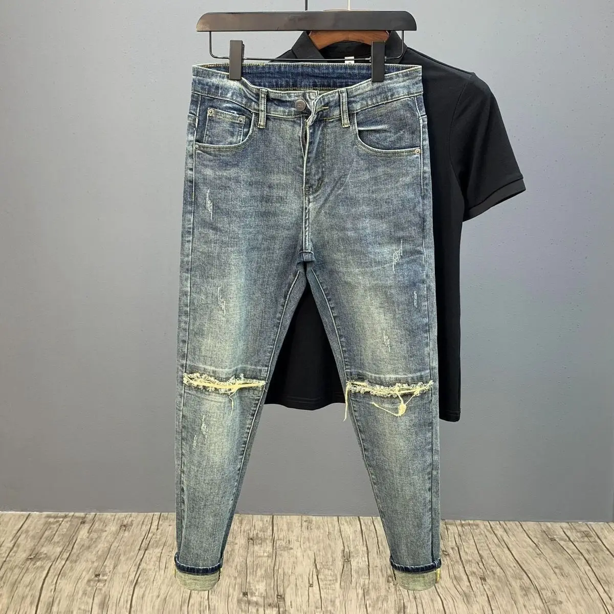 Men's Jeans Luxury FashionTrendy Cowboy Spring and Autumn Korean Casual Denim Slim Jeans Stretch Luxury Knee Cut Boyfriend Jeans