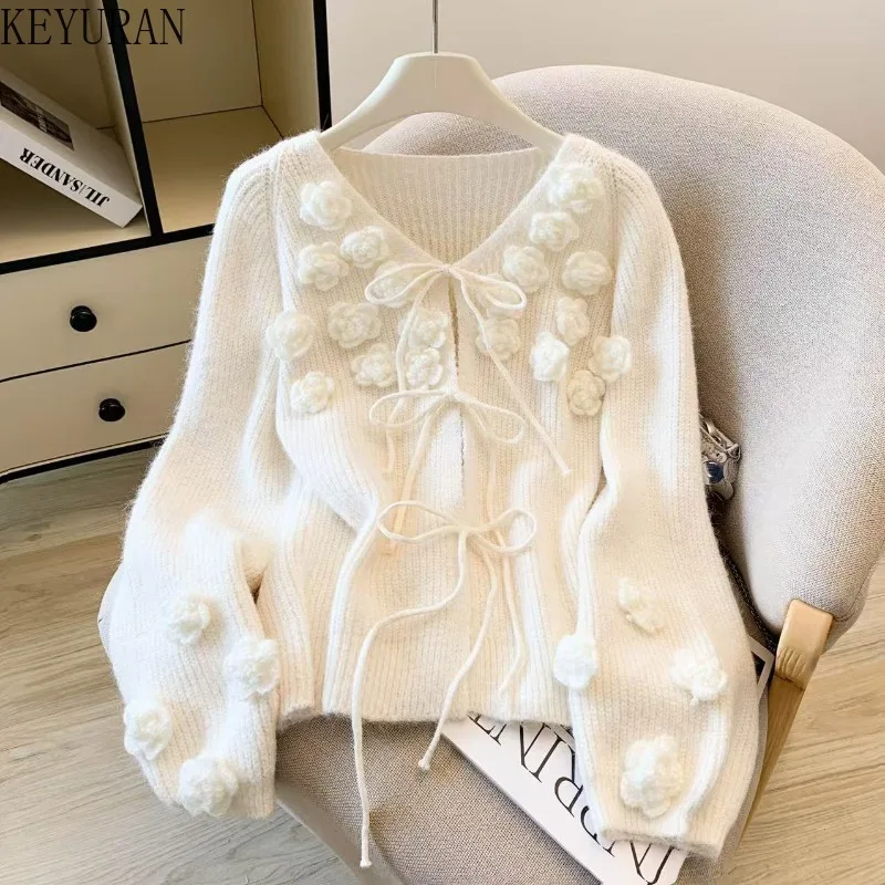 

Свитер с 3D розами, пальто для женщин, осень-зима 2025 года, модный новый милый шикарный свободный вязаный кардиган на шнуровке с v-образным вырезом, Mujer Tops