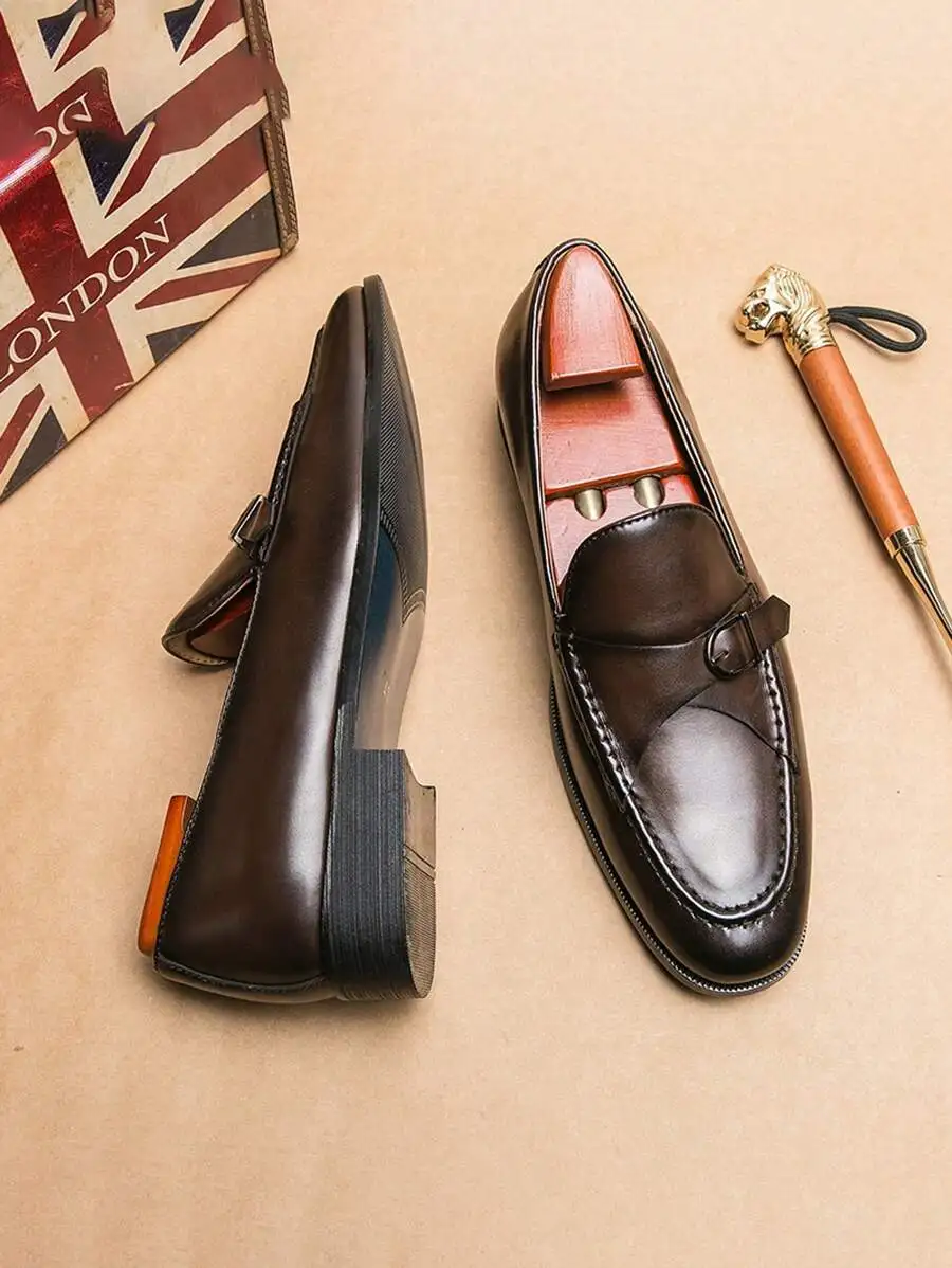 

Men's Pointed Toe Leather Loafers: British Casual Yellow Slip-On for Party & Formal