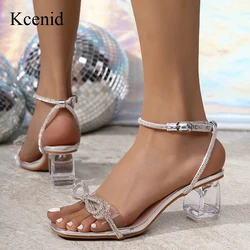 Kcenid Summer High Heels Buckle Strap Sandals Woman Fashion Crystal Butterfly-knot Ankle Buckle Sandals Square Toe Party Shoes