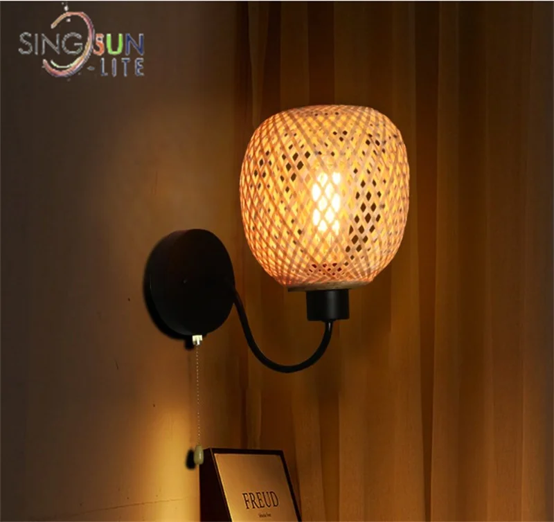 Imagem -02 - Bambu Tecelagem Lâmpada de Parede Mão Woven Sconce Modern Home Decor Cabeceira Led Luz com Interruptor Iluminação Interior Estilo Idílico