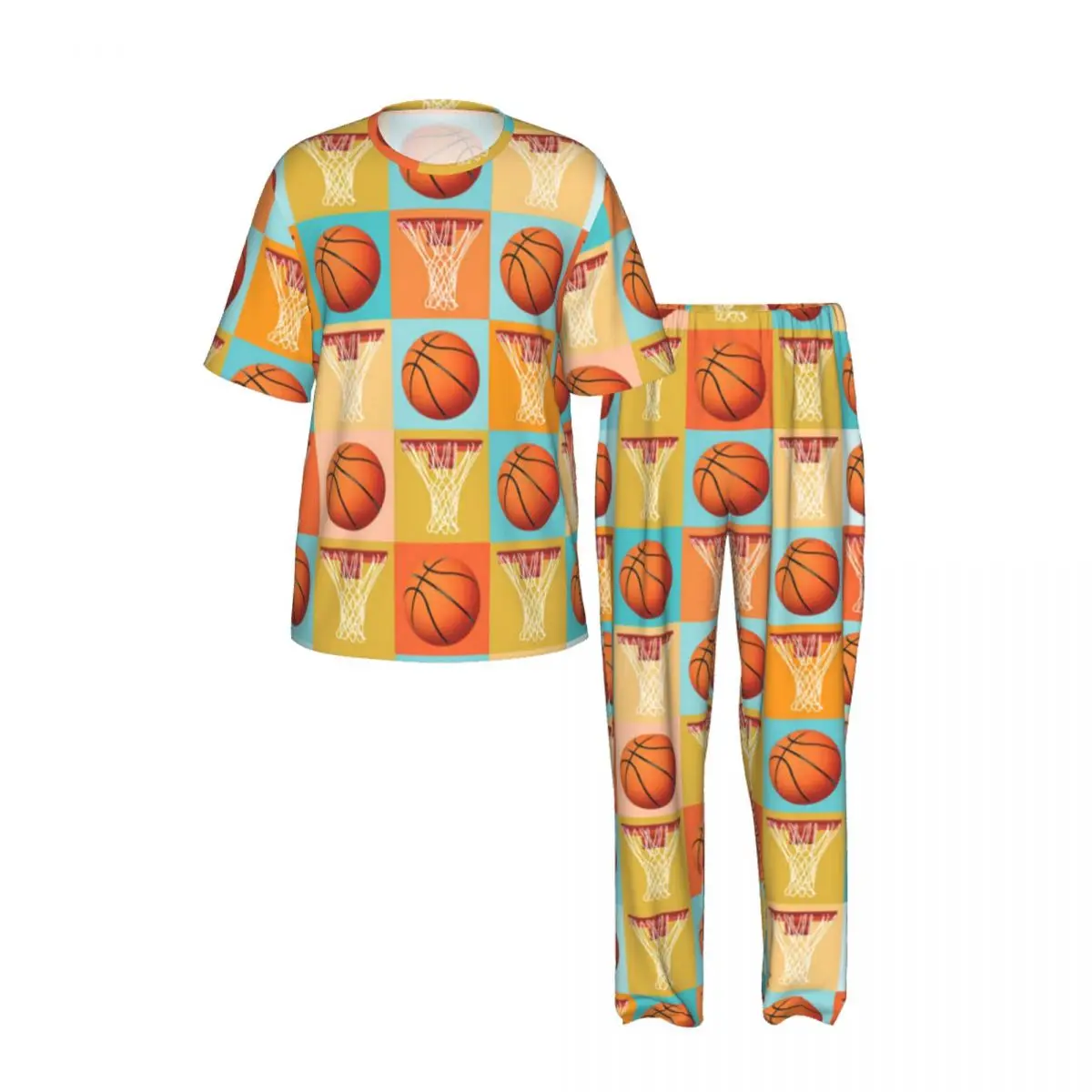 Men's short-sleeved pajamas two-piece trousers Basketball Pattern home wear suit sleepwear