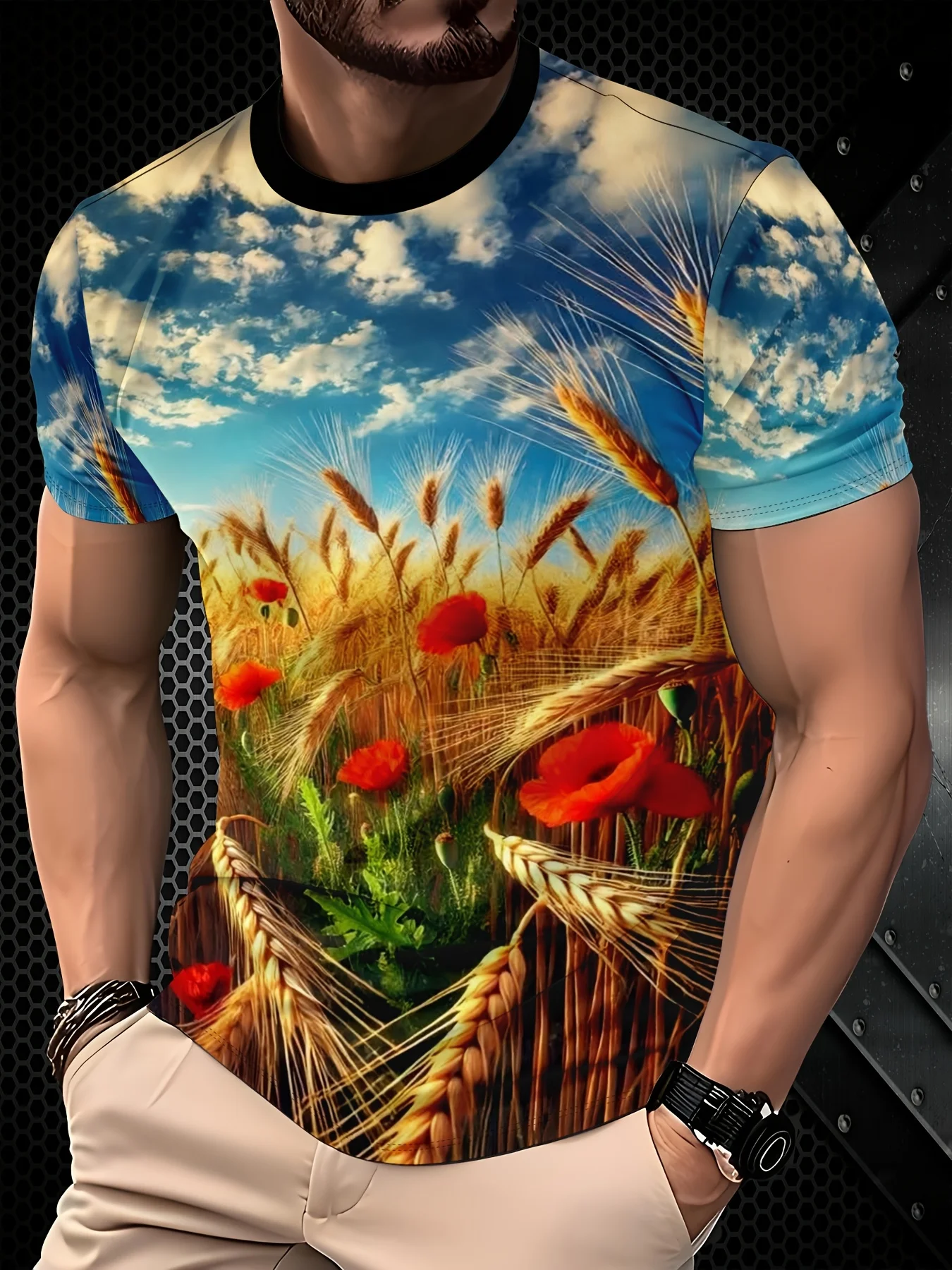 Men's Crew Neck Tee 3D Wheat Field Red Poppy Blue Sky White Cloud Scenery Full Print Nature Casual Tops