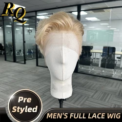 Pre Styled Natural Blonde Full Lace Male Wig Pre-cut Prosthesis Hair Replacement Hairpieces Lace Wigs Mens Toupee Transparent