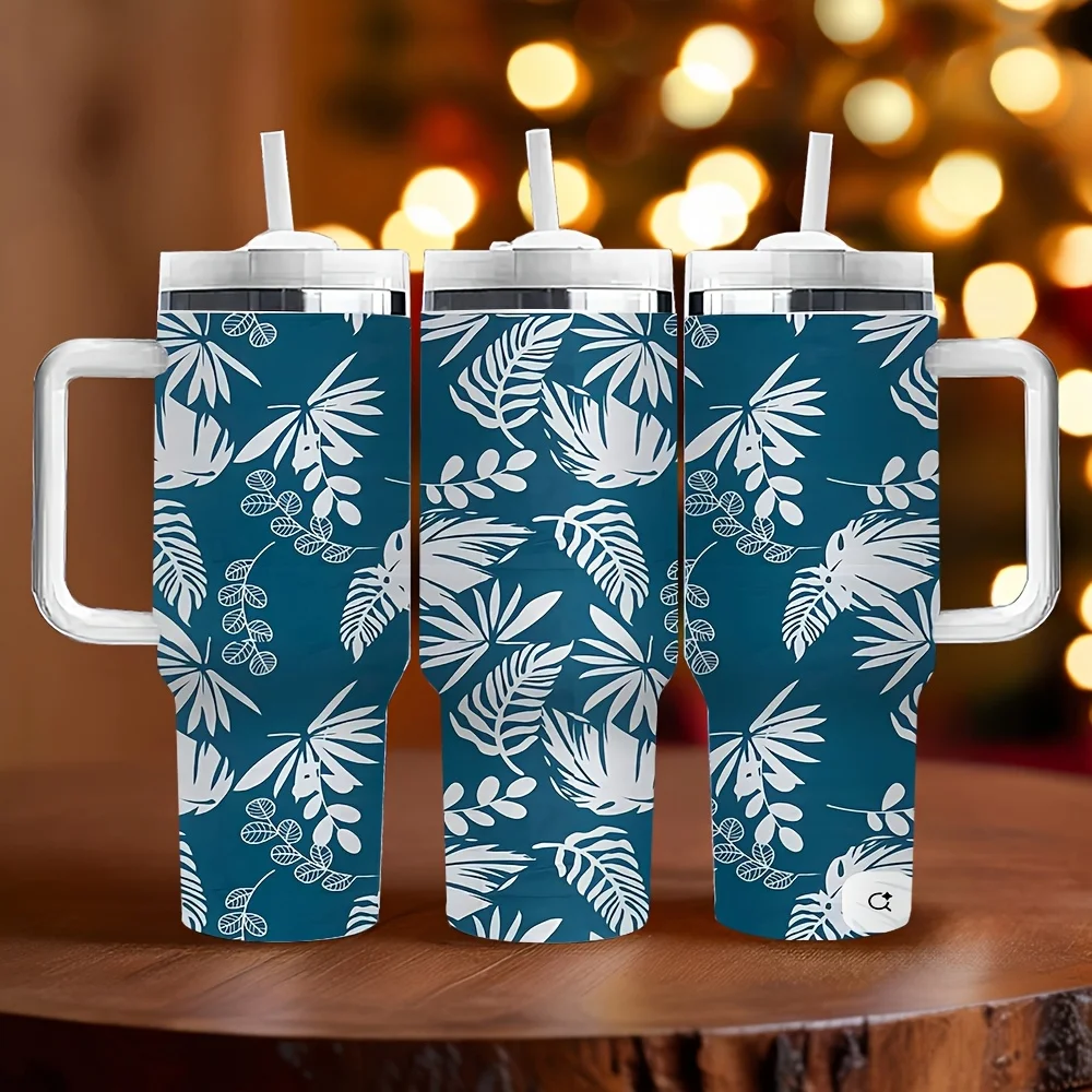 Trendy White Tropical Leaves Pattern Print Casual Fashion Daily Insulated Travel Tumbler with Big Handle And Reusable Straw