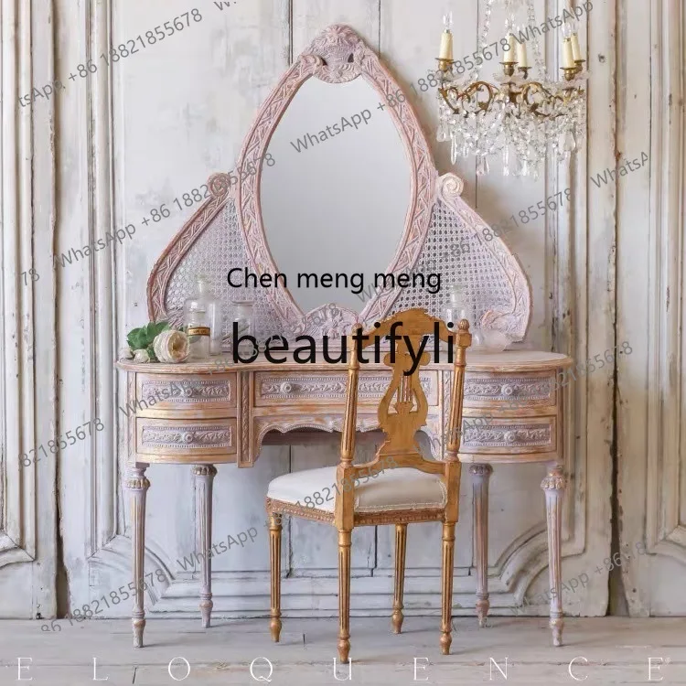 Q178 French antique gold dresser solid wood retro rattan art log Roman column makeup table