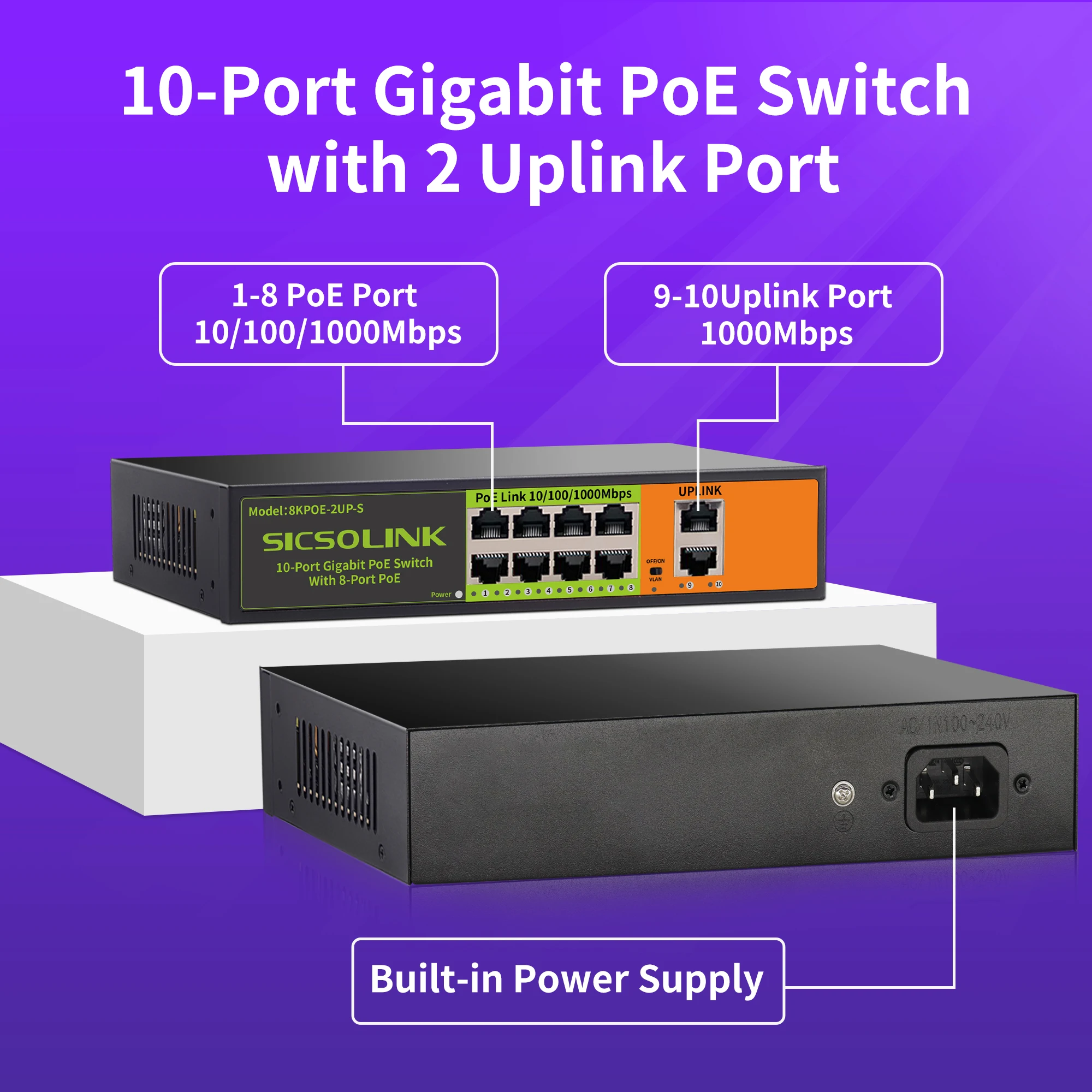 8-poorts Gigabit PoE-switch met extra 2 Gigabit Uplink, 1000 Mbps PoE Ethernet onbeheerde netwerkswitch, 120 W, Plug & Play, VLAN