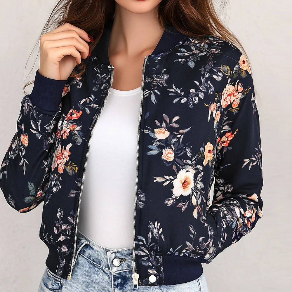 

Mia Muse Women's Lightweight Jackets Korean Retro Vintage Zipper Floral Long Sleeve Crew Neck Casual Lightweight