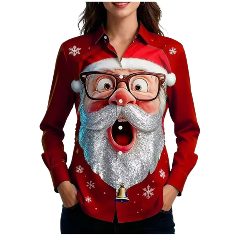 เสื้อผู้หญิงลายการ์ตูนซานตาคลอสสุดน่ารัก สไตล์หรูหรา แฟชั่นแขนยาว เสื้อเบลาส์ลำลองสำหรับฤดูใบไม้ร่วงและฤดูหนาว เหมาะสำหรับใส่ในชีวิตประจำวันและวันหยุด