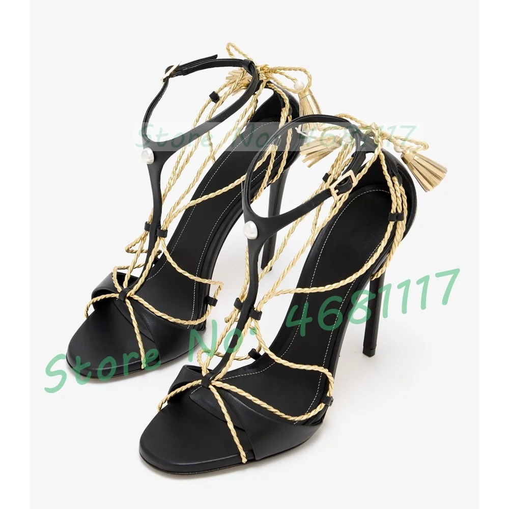 Gold Metallic Strip Sandals Women Luxury Open Toe Lace Up Pearl Shoes Ladies Elegant High Heels Party Evening Knotted Sandals