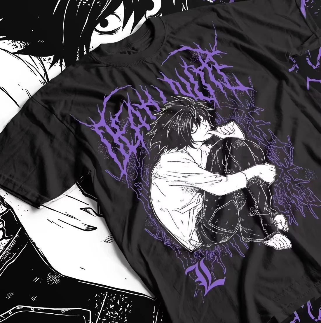 2026 Death Note Single Sided T-shirt Detective L Squat Pose Purple Metal Font Anime Print Suitable for Both Men and Women