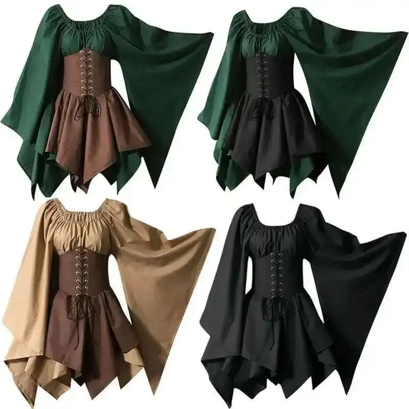 

European Medieval Costume Women's Renaissance Flare Sleeve Corset Overskirt Elf Protector Fancy Dress Irish Overdress 2-P