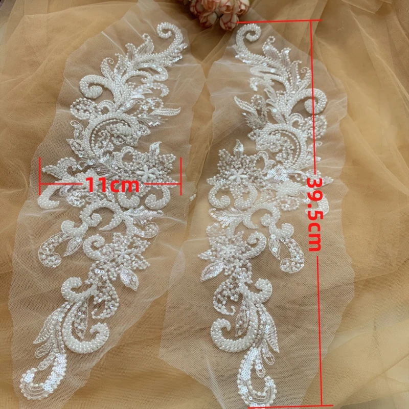 39.5 * 11cm European Patterned Studded Sequins Lace Mirror Flower, Hand SewingDIY Wedding Dress Appliques for Clothing
