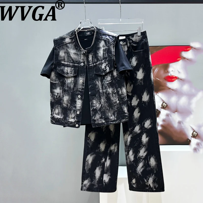

WVGA Spring Autumn New Men's High Street Original Design Retro Casual Graffiti Denim Vest Sleeveless Jacket Waistcoat Set W7035