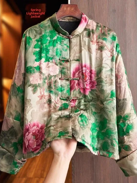 

Retro Printed Short Jacket New Chinese Style Stand Collar Artistic Brand Tailored Coat Spring 2026 Ladies Cotton Outerwear