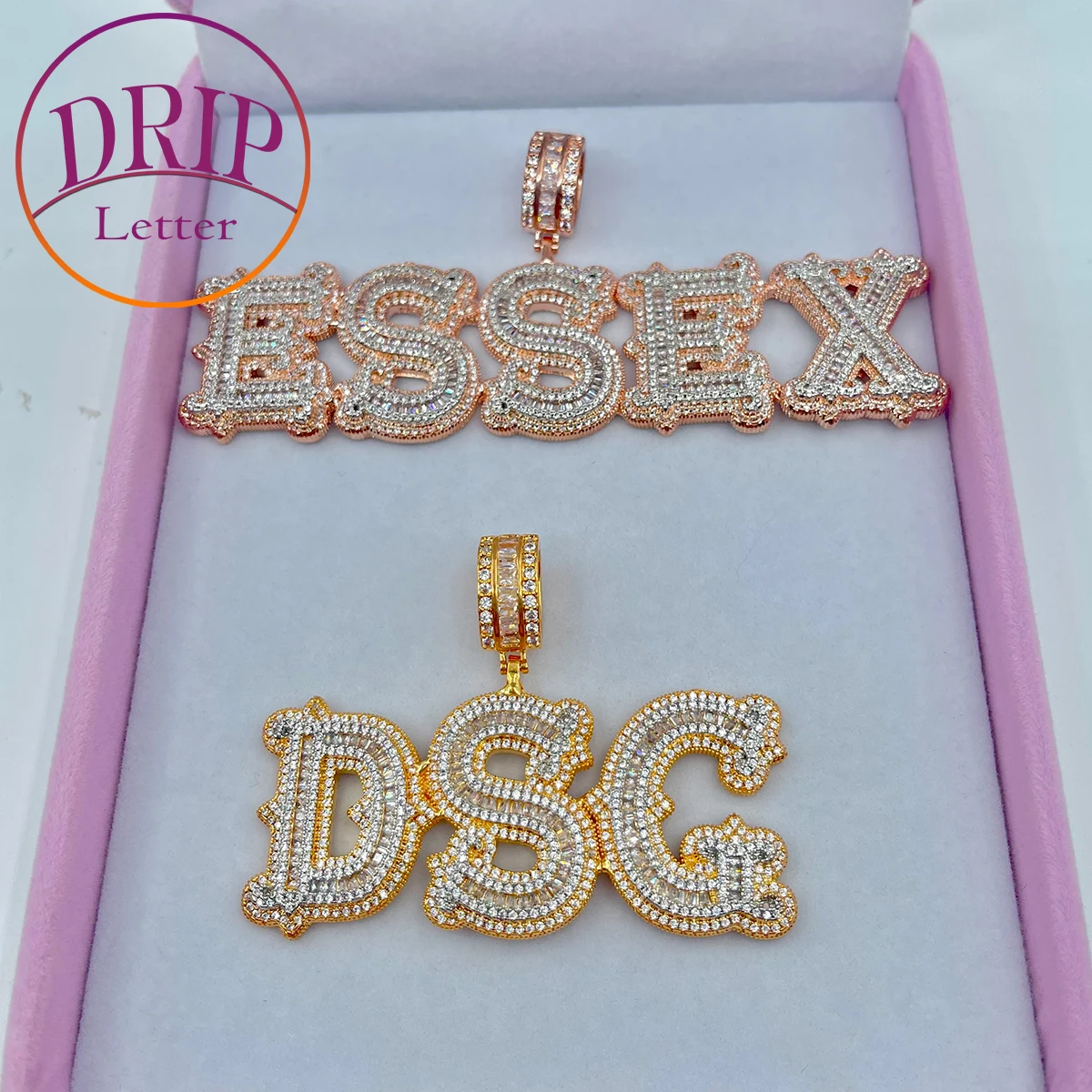 

Drip Iced Out Cursive Baguette Letter Cubic Zirconia Pendant Necklace For Women Hip Hop Chain Fashion Rock Jewerly