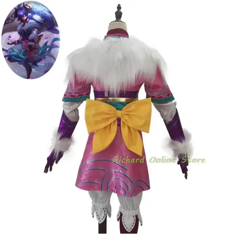 لعبة LOL Kindred الصيادين الأبدية روح زهر تأثيري حلي الأرجواني شعر مستعار أنيمي الجلد موحدة هالوين كرنفال حفلة البدلة