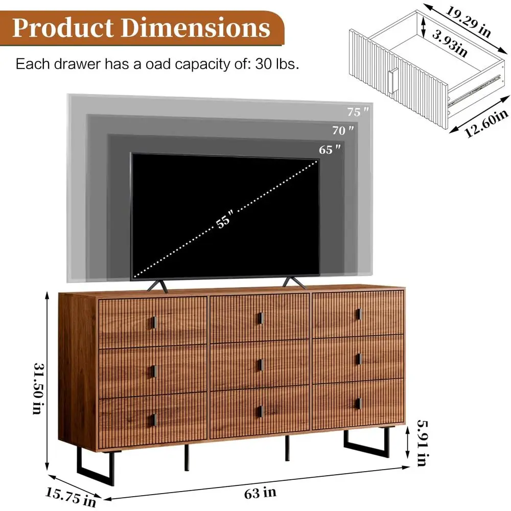 DAFIFY Baú de 9 gavetas com armazenamento profundo, organizador de roupas, anti-derramamento, acabamento em nogueira para sala de estar, quarto, corredor
