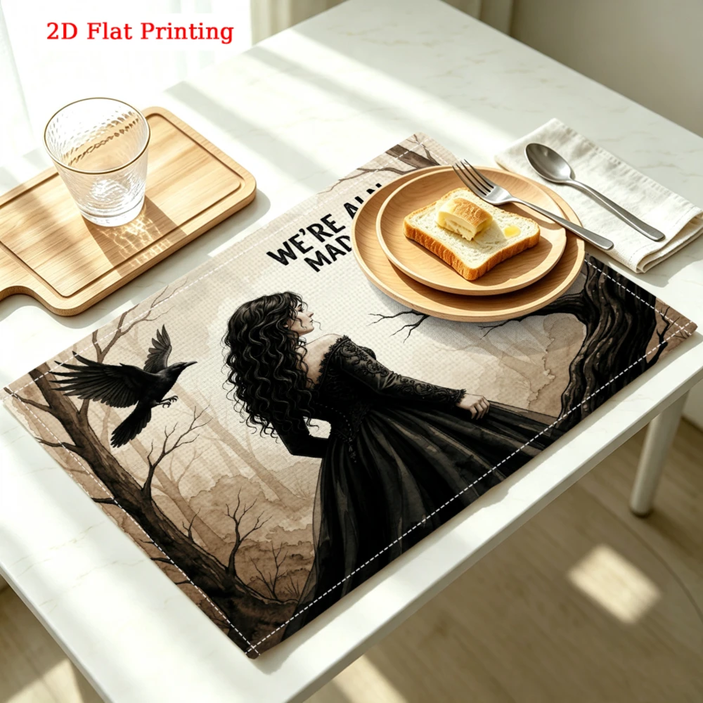 Gothic Woman With Ravens Print Kitchen Placemat Coaster Linen Pad Dish Coffee Cup Table Mat 30x40cm Home Decor