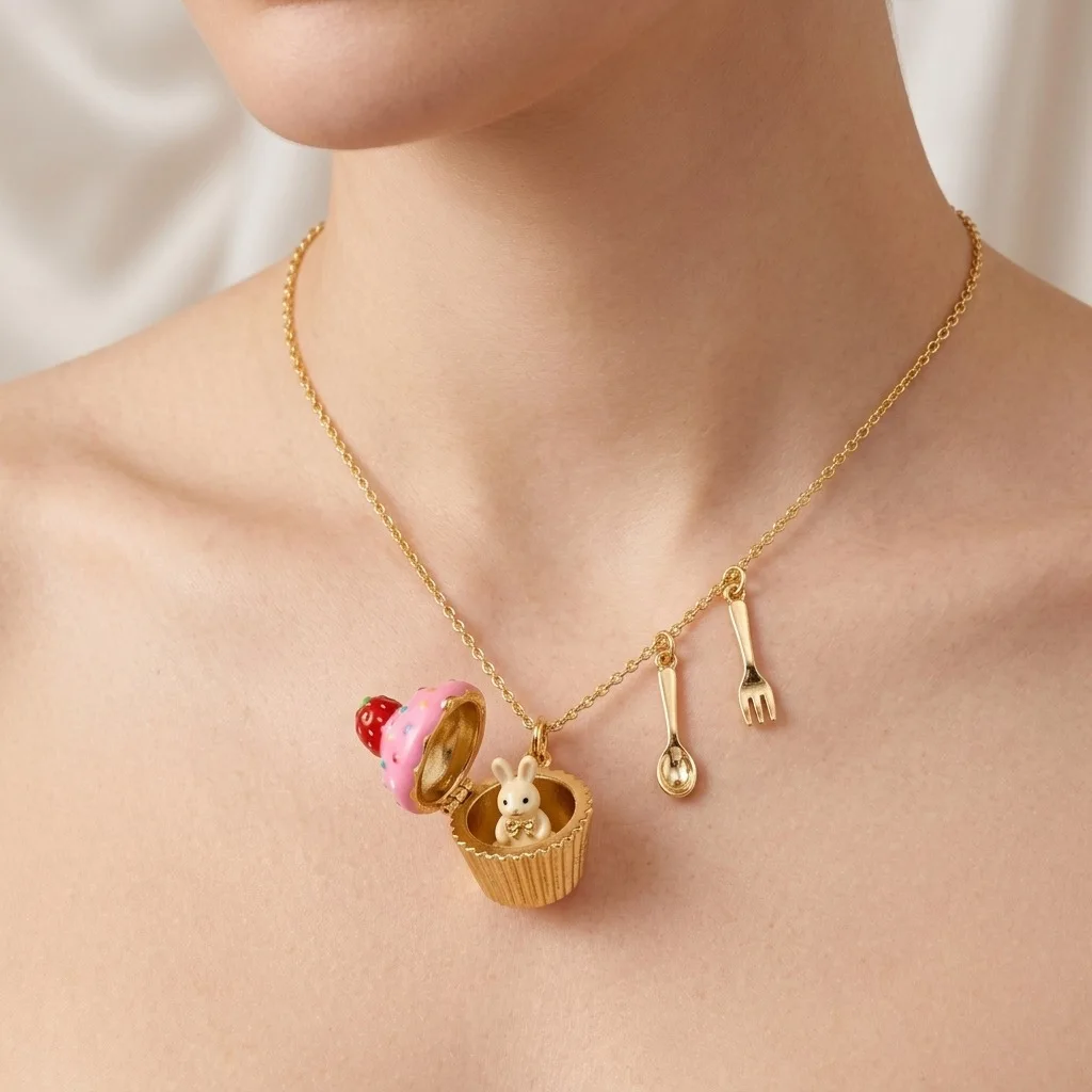 Cute Enamel Openable Cupcake Necklace Tiny Bear Cat Rabbit Charms Dainty Gold Tone Chain Spoon Fork Jewelry Gift For Women Girls