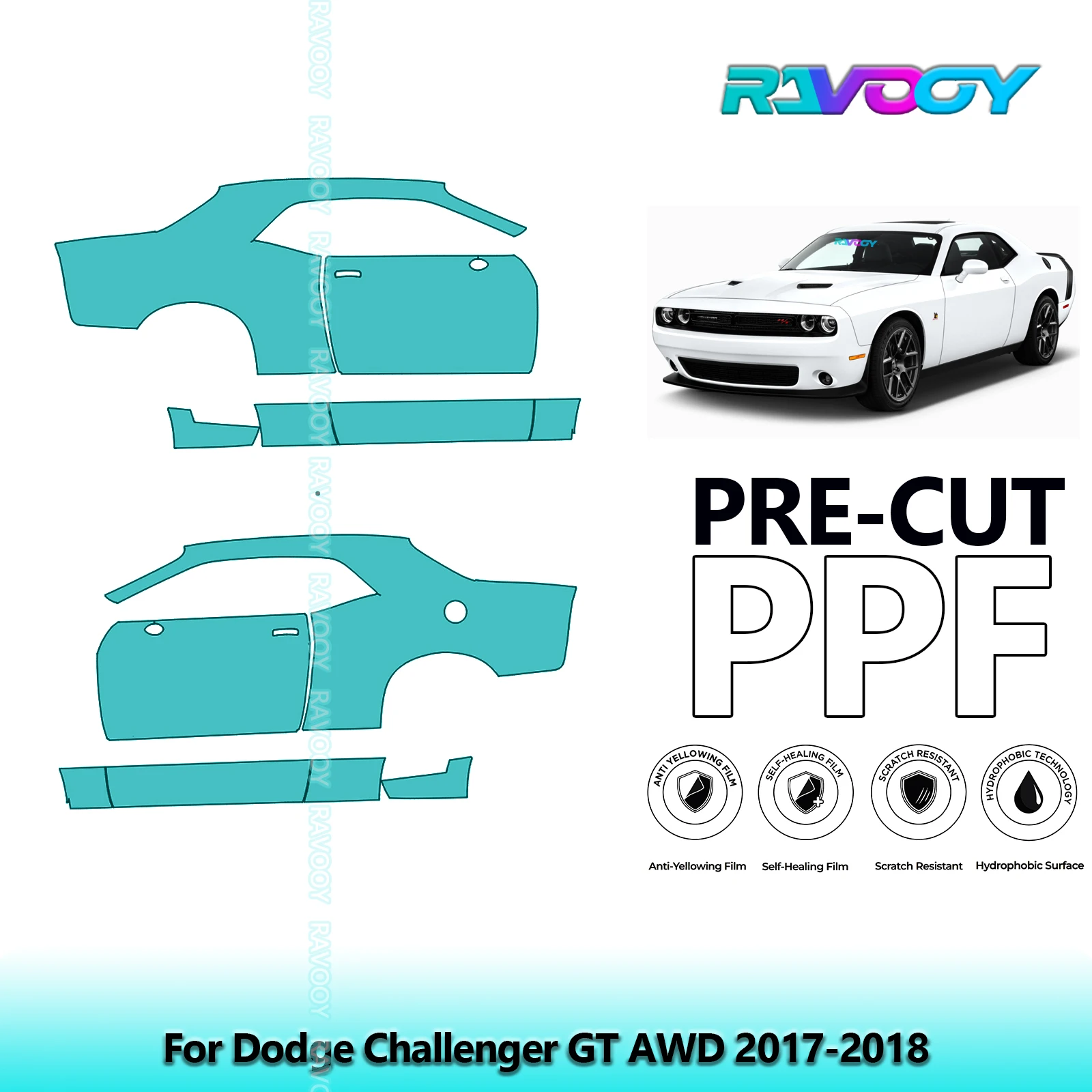 

For Dodge Challenger GT AWD 2017-2018 8.5mil Clear Matte Pre-Cut PPF Door & A/B Pillar Kit TPU Paint Protection Film Set