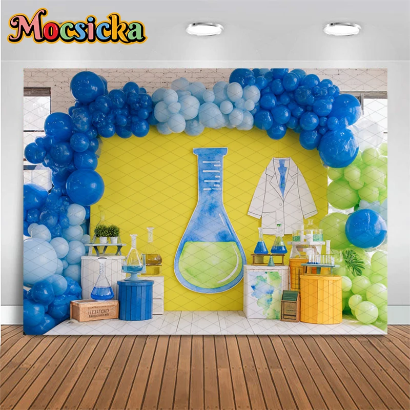 Mocsicka Science Lab Photography Backdrop Colorful Balloon Beaker Background Kids Birthday Party Mad Scientist Studio Photoshoot
