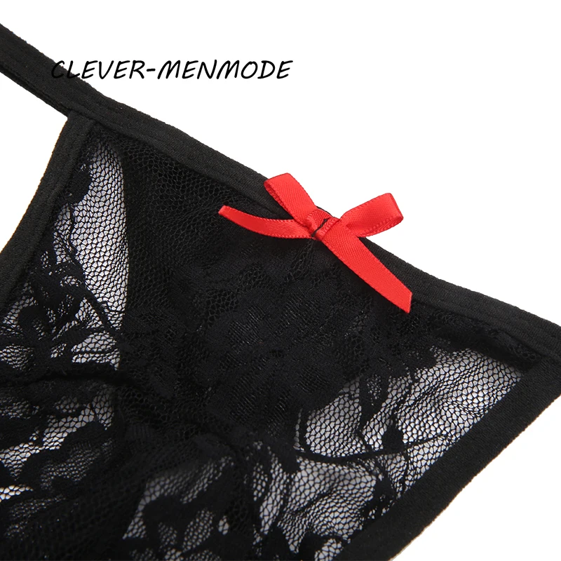 CLEVER-MENMODE Sexy Lace Thong High Fork Ultra-Thin Bow Tie See-Through Underpants G String Hollow Out Mini Male Lingerie