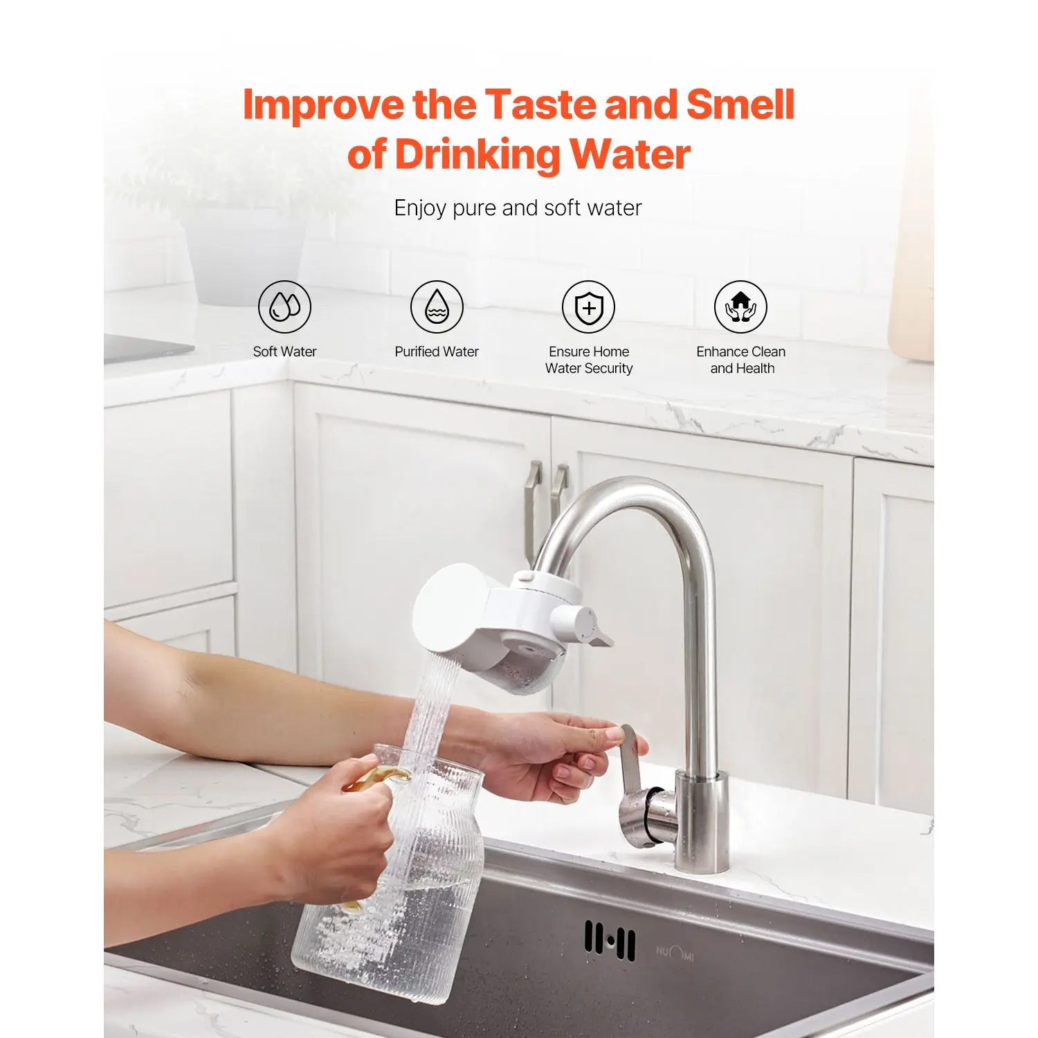 Faucet Mount Water Filter, Horizontal Water Purifier for Sink Tap, Carbon Fiber Filters, Removes Chlorine Lead with 1 Filter, Fits Most Kitchen or Bathroom Faucets, White