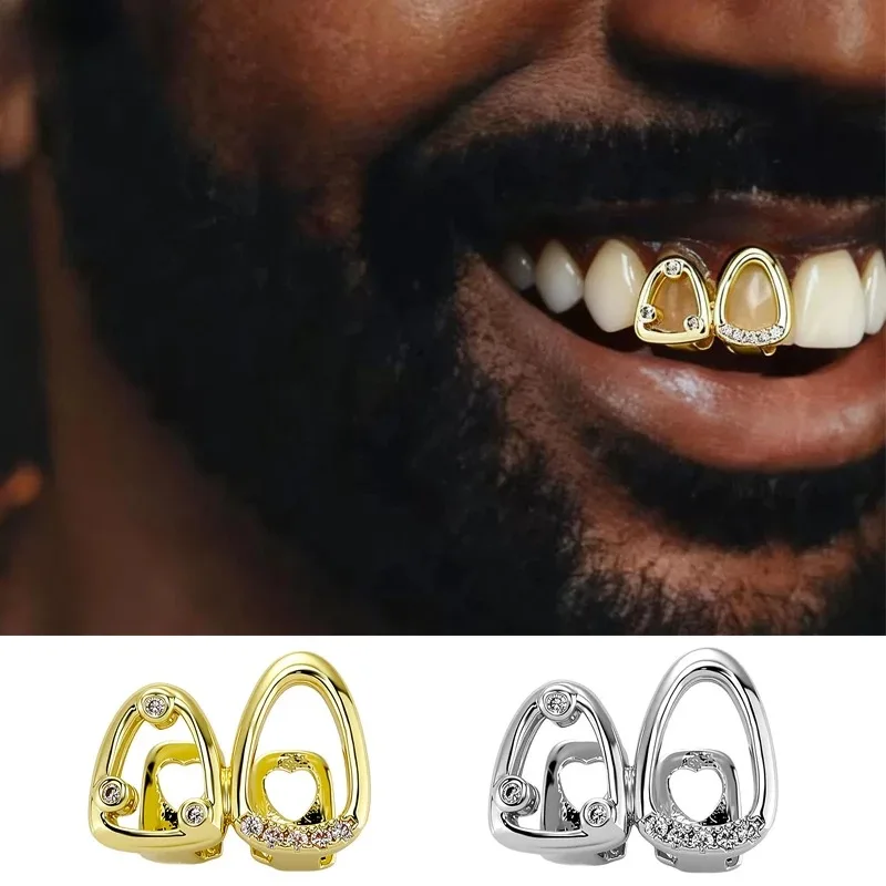 Bling Zircon Double Hollow Grillz Teeth Hip Hop CZ Stones Tooth Caps Men Women Mouth Jewelry Dental Grills