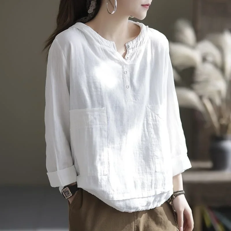 Women\'s Cotton Linen Hooded Shirt Vintage Spring Loose Thin Pullover Long Sleeve Top Simple Plus Size Solid Blouses Ladies Tops