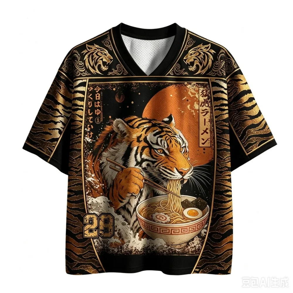 Retro Tiger Ramen 3DPrint Men's Women's V-neck Loose Quick-Dry Breathable T-shirt Y2K Street Fashion Trendy Baby-Parent Clothing