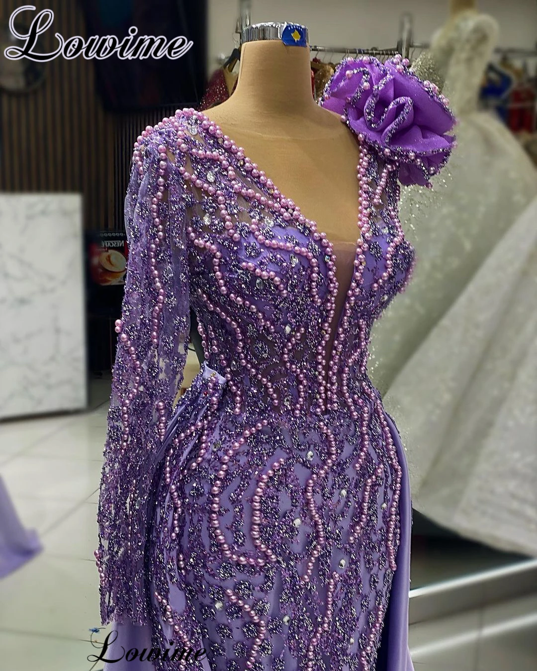 Two Pieces Purple Pearls Evening Dresses With Detachable Train One Shoulder Elegant Celebrity Dresses For Women Robes De Soirée