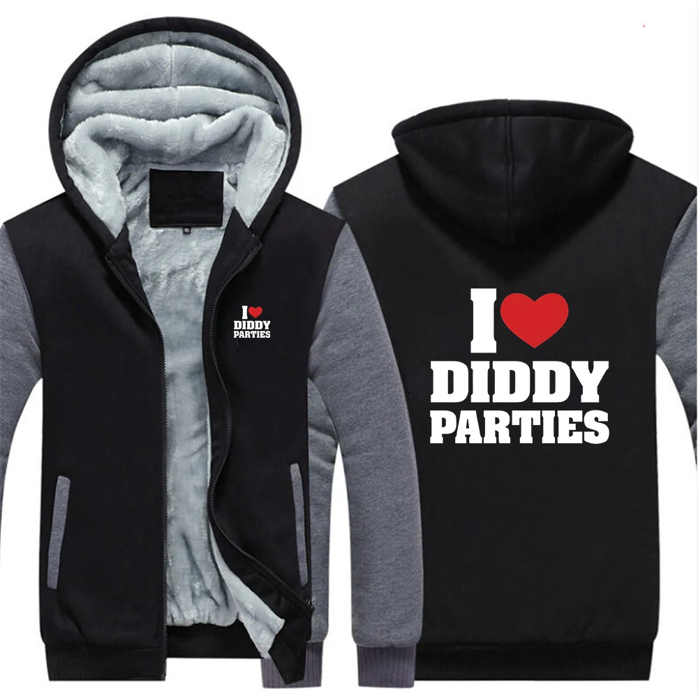 

2025: забавная новая мужская утепленная флисовая куртка с капюшоном I Love Diddy Party, осенне-зимнее повседневное пальто на молнии