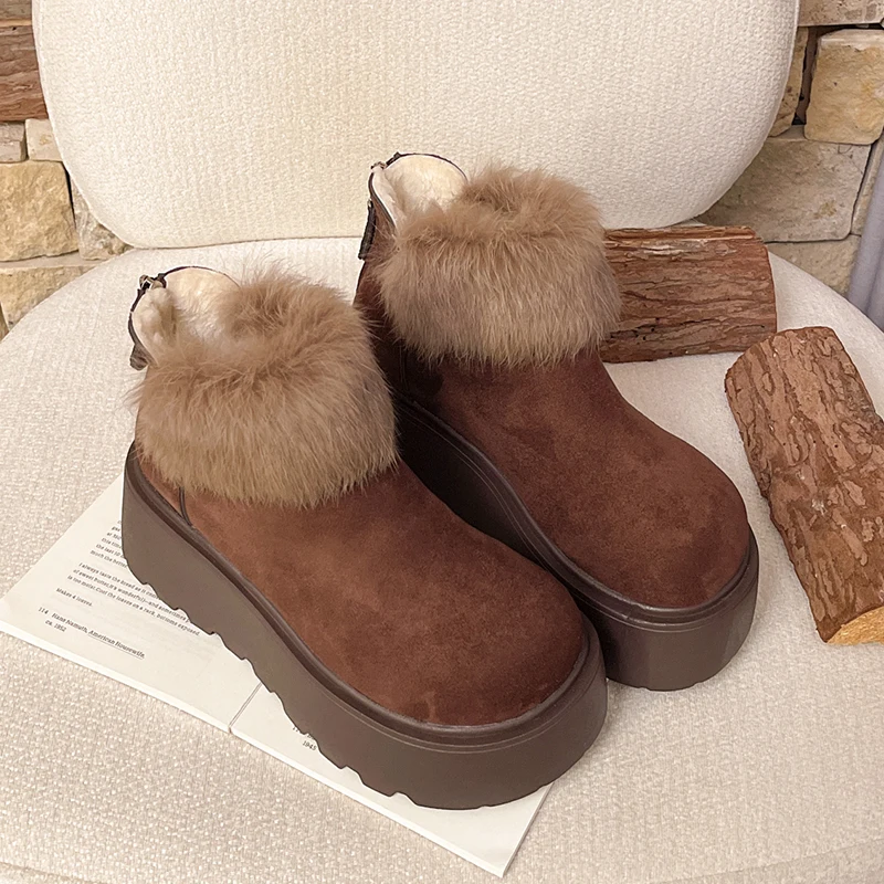 Women Fur Snow Boots Platform Flats Shoes Fashion Warm Chelsea Boots 2025 Winter Trend Sport Shoes Zip Short Boots Mujer Zapatos