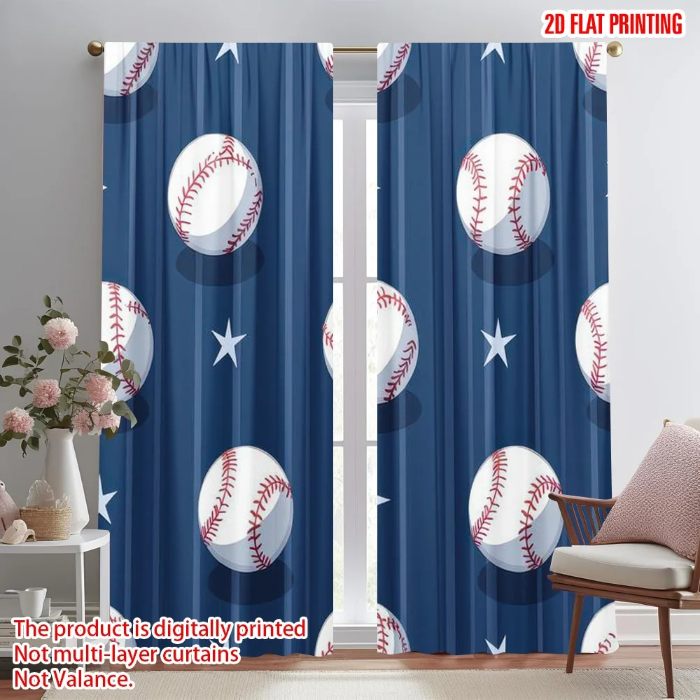

2D flat printing 2pcs Party Curtains Baseball and Stars Digital Printed Polyester Drapes Family Party Decoration for Living Room