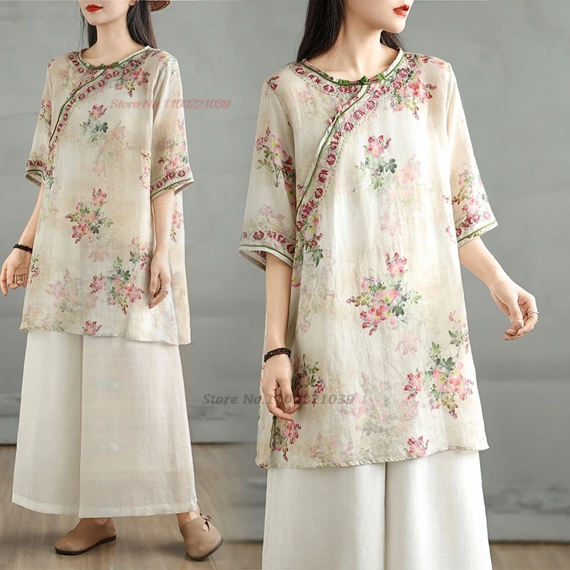 

Китайская винтажная блузка 2025 года, национальная блузка с цветочным принтом и вышивкой, народная блузка с круглым вырезом, традиционная этническая блузка ханьфу для чайного обслуживания