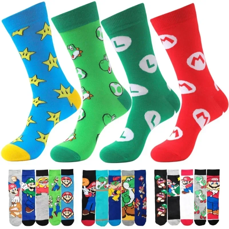 Super Marios Bros Cotton Socks Anime Figure Yoshi Luigi Bowser Men Women Funny Cosplay Socks Cute Cartoon Mid-tube Sports Socks