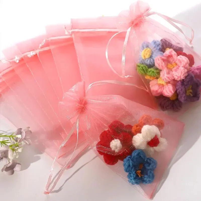 

100 шт. розовые подарочные пакеты из органзы, сетчатые сумки для конфет на шнурке, мешочки для ювелирных изделий на Рождество, свадьбу, душ, вечеринку, мешочки на шнурке