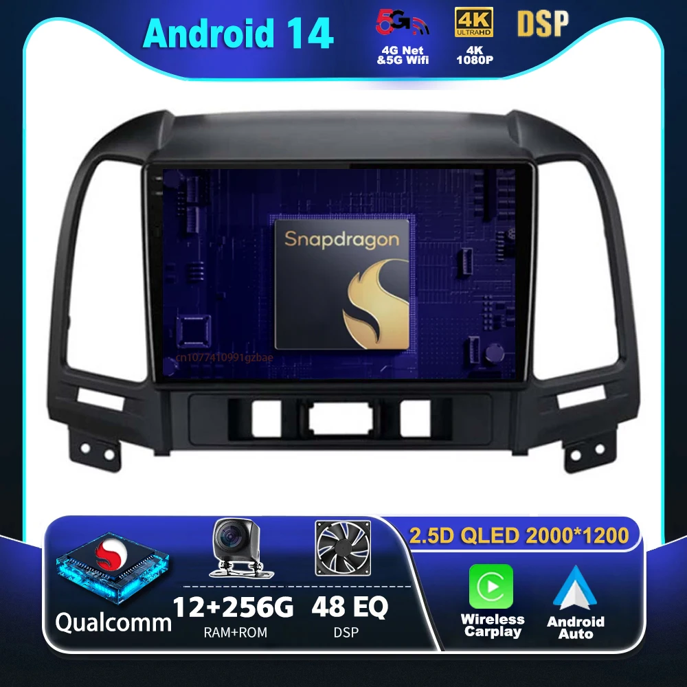 Android 14 Carplay Auto For Hyundai Santa Fe 2 2006 - 2012 Car Radio 4G WIFI Player Multimedia srereo 360Camera Navigation Video