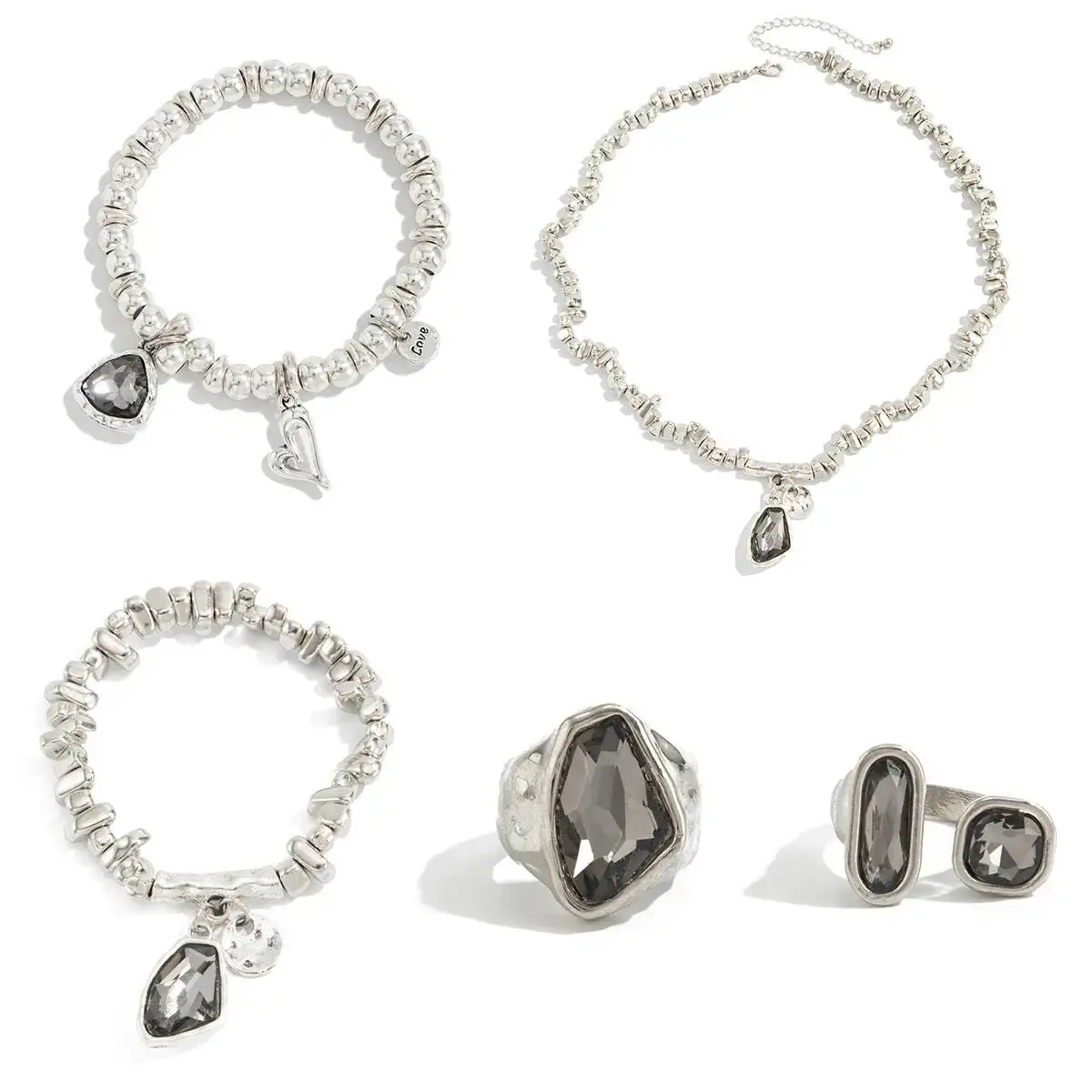 SHIXIN 5Pcs/Set Elegant Rhinestones Acrylic Beaded Necklace Bracelet Ring For Women Luxury Stackable Adjustable Open Jewelry Set