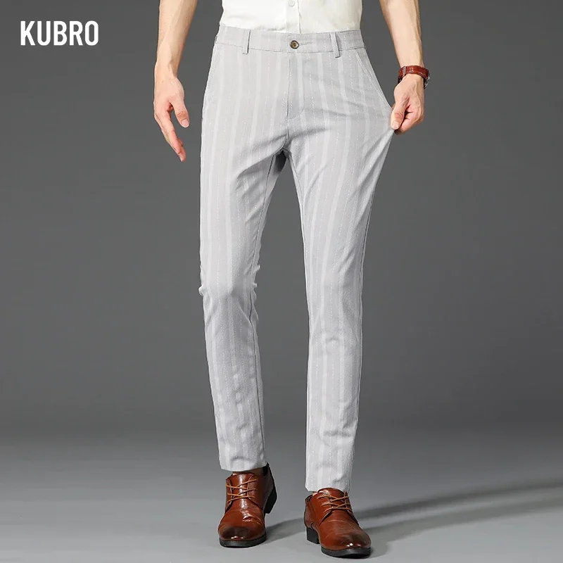 KUBRO Spring Autumn Brand Stripe Pants Men Classic Business Elastic Waist Slim Formal Suit Casual Trousers Fashion High Quality