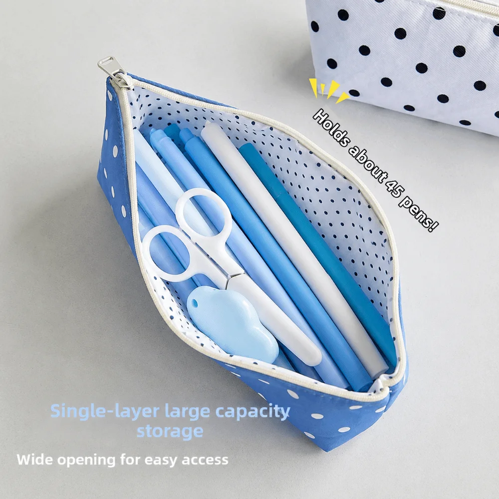 New Polka Dot Pencil Case Large Capacity Single Layer Pencil Pouch Zipper Closure Makeup Pouch Office Supplies
