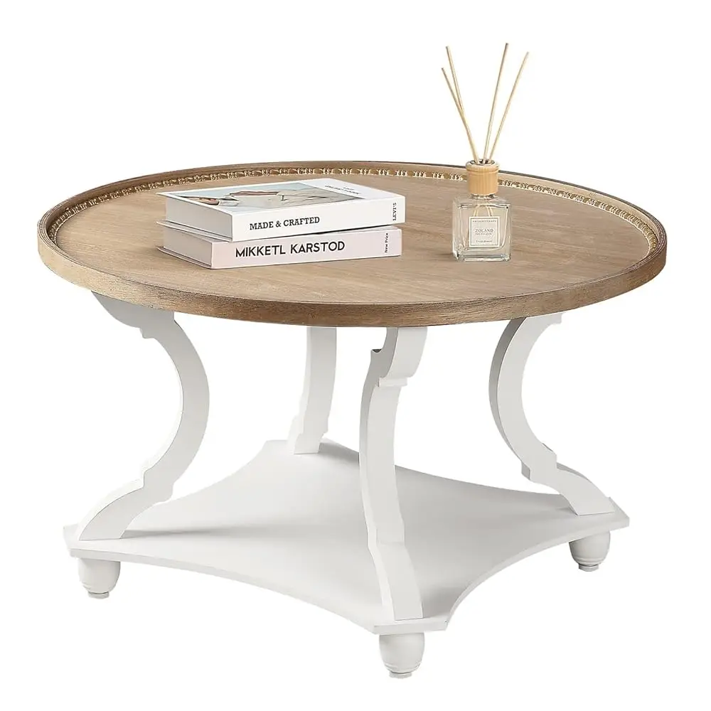 

Farmhouse Round Coffee Table, Wood Tray Top Circle Coffee Table With Storage Shelf Rustic Style For Living Room And Vintage