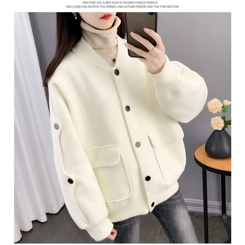 

Бейсбольная форма для женщин, универсальный утолщенный свободный осенне-зимний однотонный кардиган на пуговицах с длинными рукавами, топ