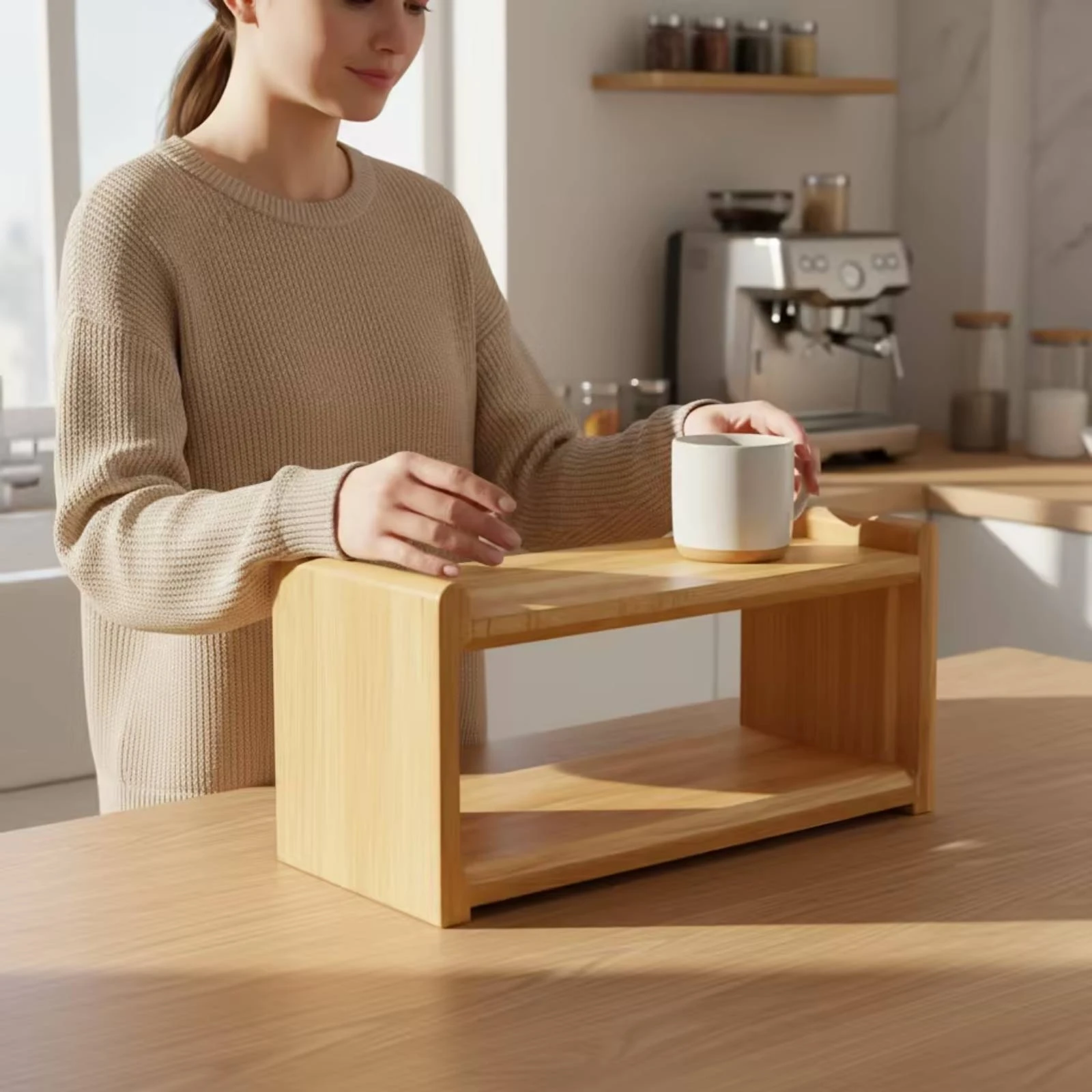 Two-Tier Desk Shelf Sturdy Wooden Storage Shelf Desktop Organizer Stable Double-Layer Organizer Polished for Countertop, Kitchen