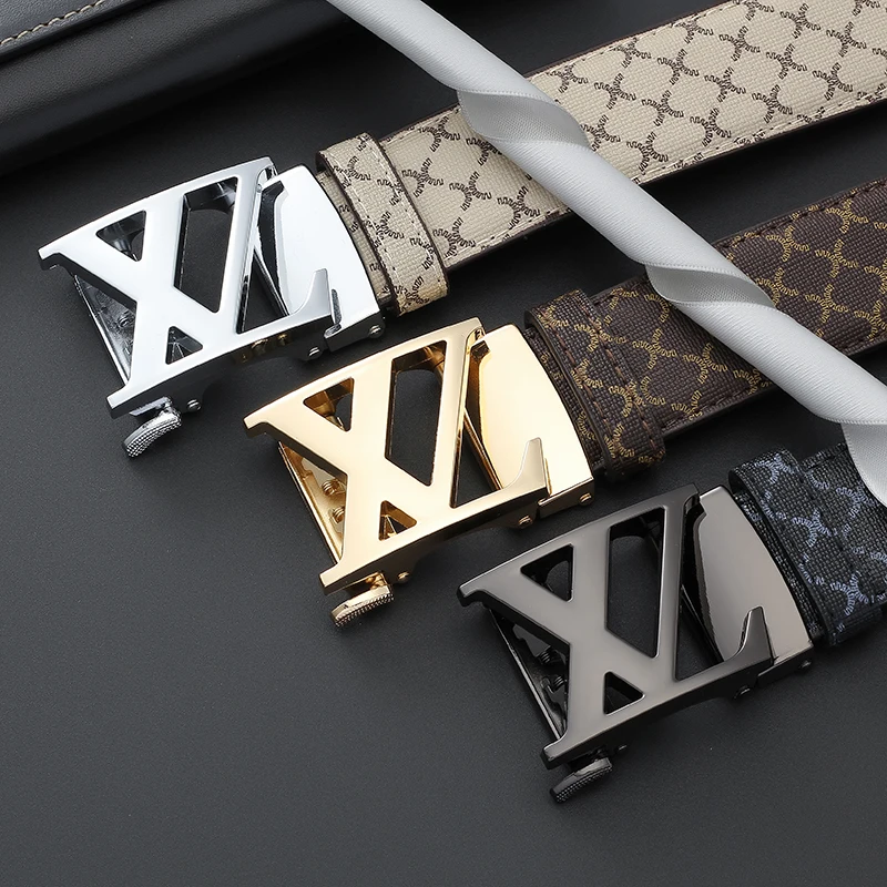 Mens Fashion Printed Faux Leather Waist Belt Automatic Buckle Luxury Casual Dress Belt For Daily Outfit