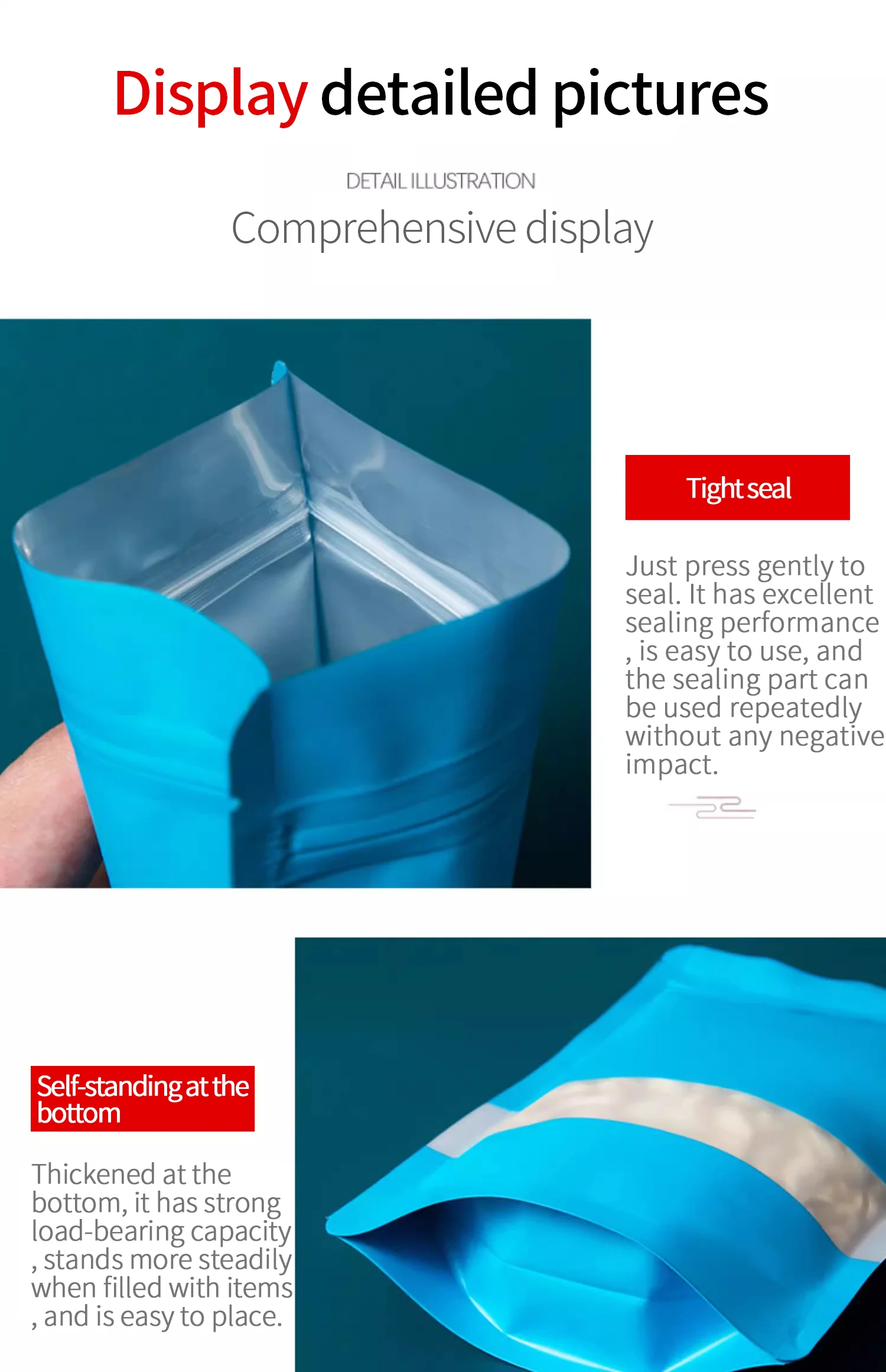 50 Stück matte, selbststehende Aufbewahrungsbeutel, wiederverwendbare, verdickte, feuchtigkeitsbeständige Aluminiumbeutel, Geschenkbeutel für Haushalt, Feiertage und Partys – Detail 7
