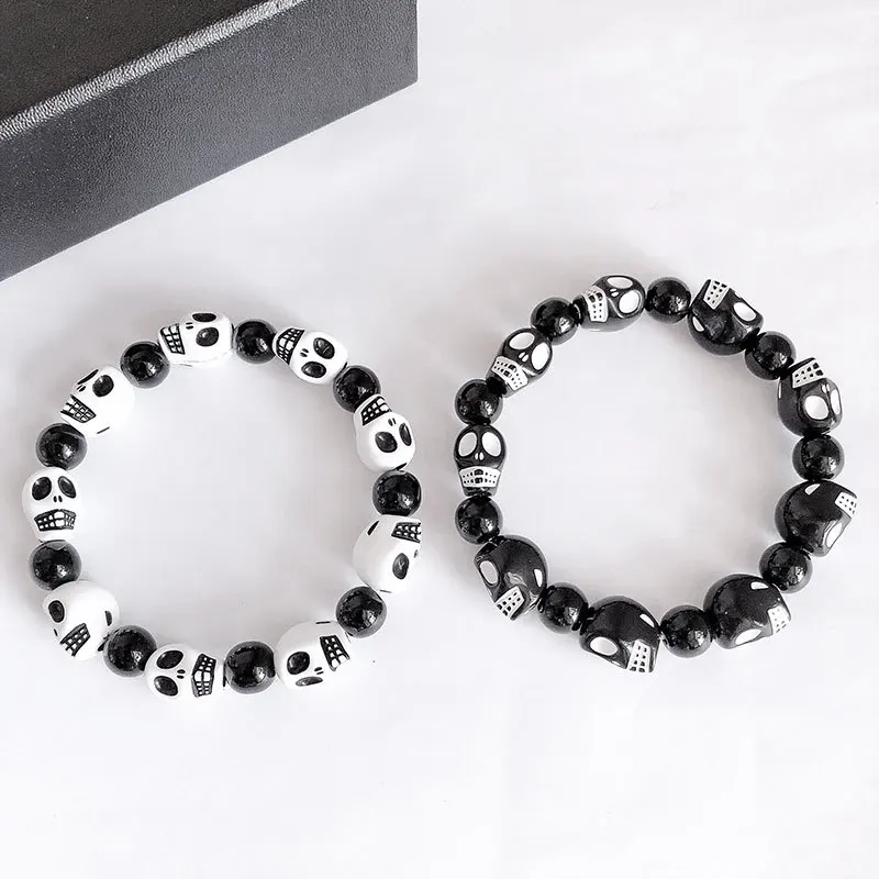 Punk Goth Skull Skeleton Bracelets for Women Men Hip Hop Elastic Beaded Bracelets Bangles Handmade Halloween Jewelry Gift