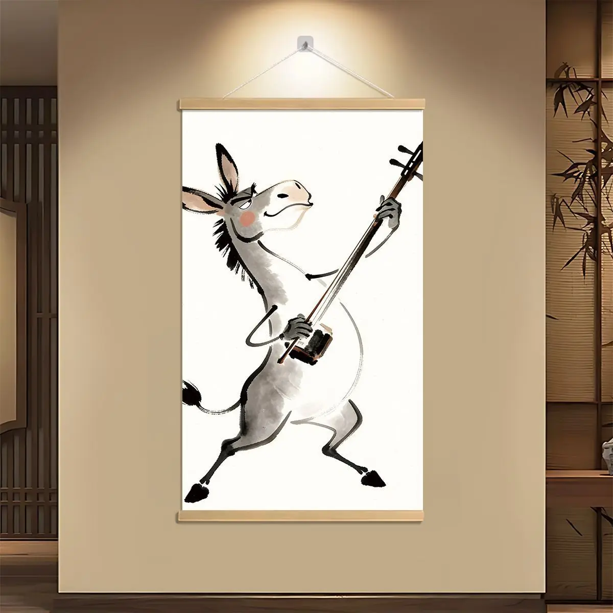 Chinese Ink Donkey Playing Violin Scroll Painting Canvas Wall Art Vertical Hanging for Living Room Bedroom Office Home Decor